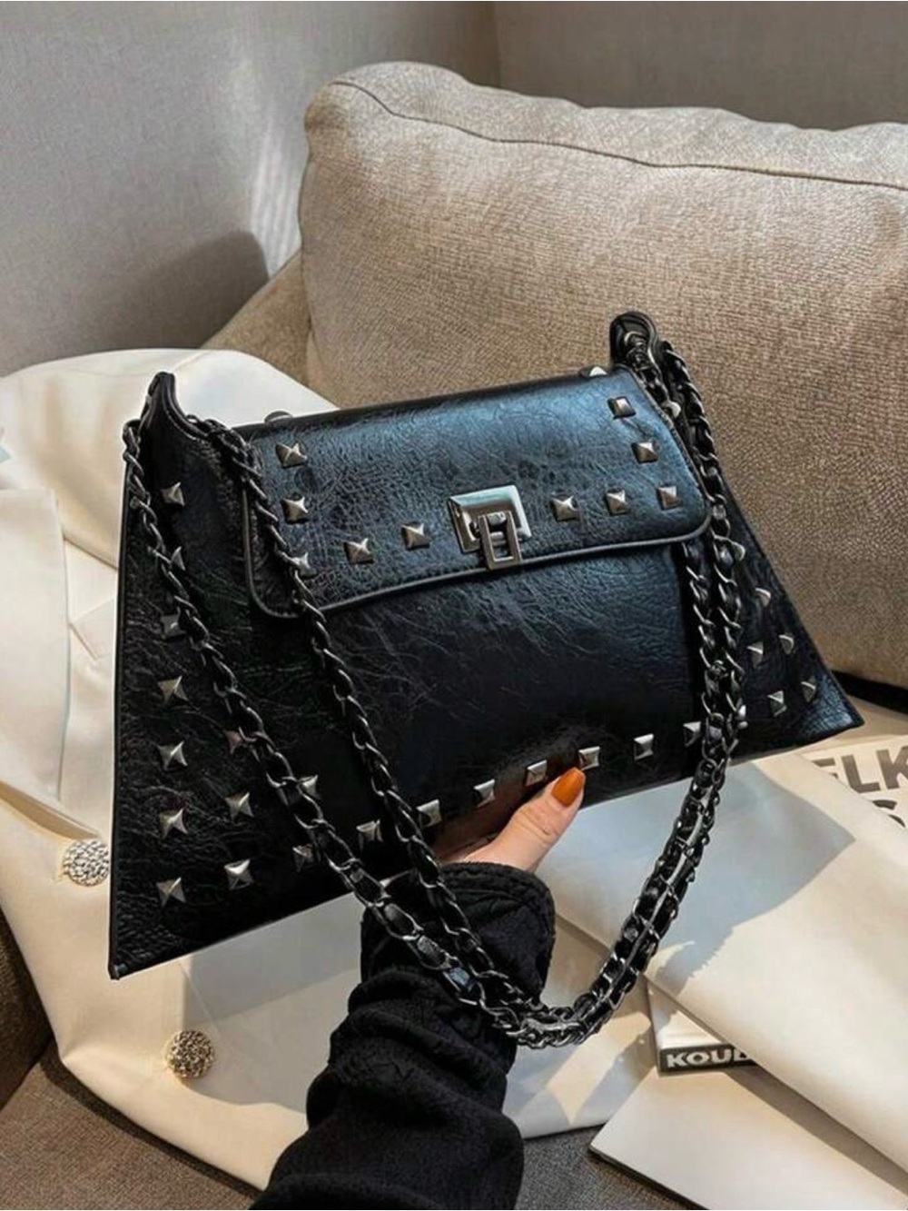 Black Studded Chain-Handle Shoulder Bag
